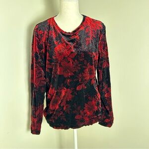 White Stag Red Floral Velvet Top Black Glitter Long Sleeve Size L